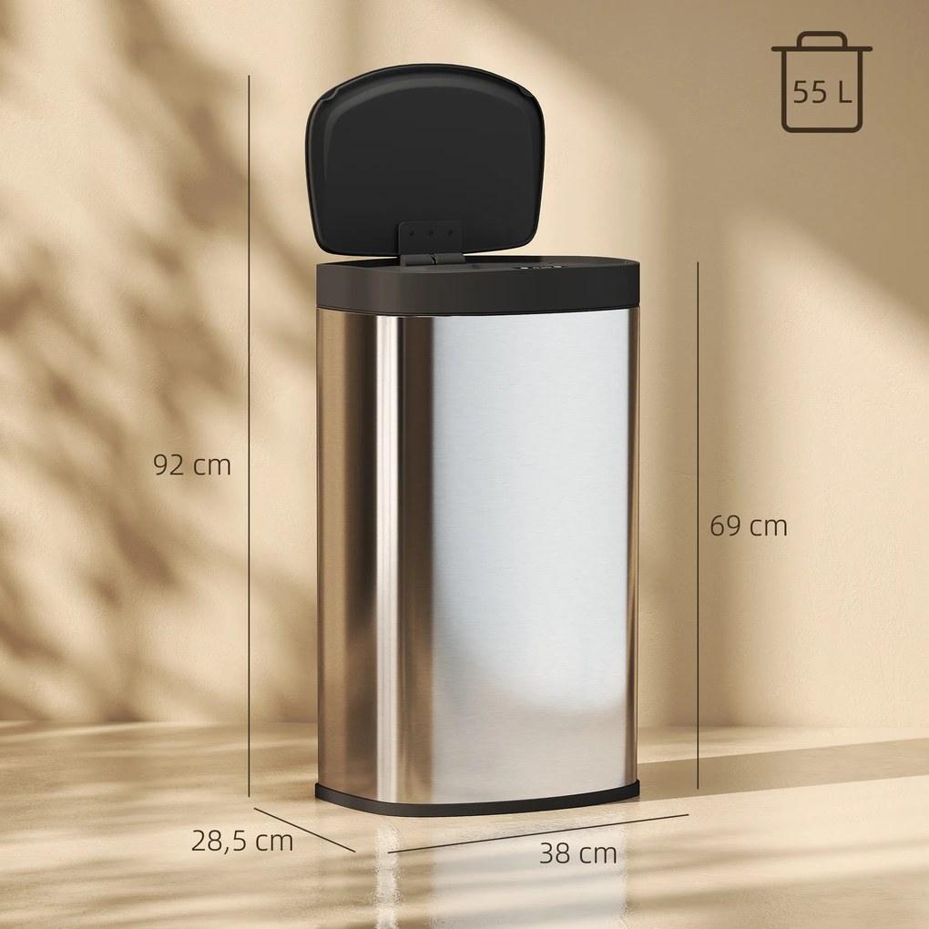 Caixote do lixo automático para cozinha de 55 L em aço inoxidável, com tampa de fecho suave, 38 x 28,5 x 69 cm, prateado