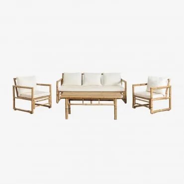 Conjunto De Jardim Com Sofá De 3 Lugares, 2 Poltronas E Mesa De Centro Em Bambu Livayna Bambu - Sklum