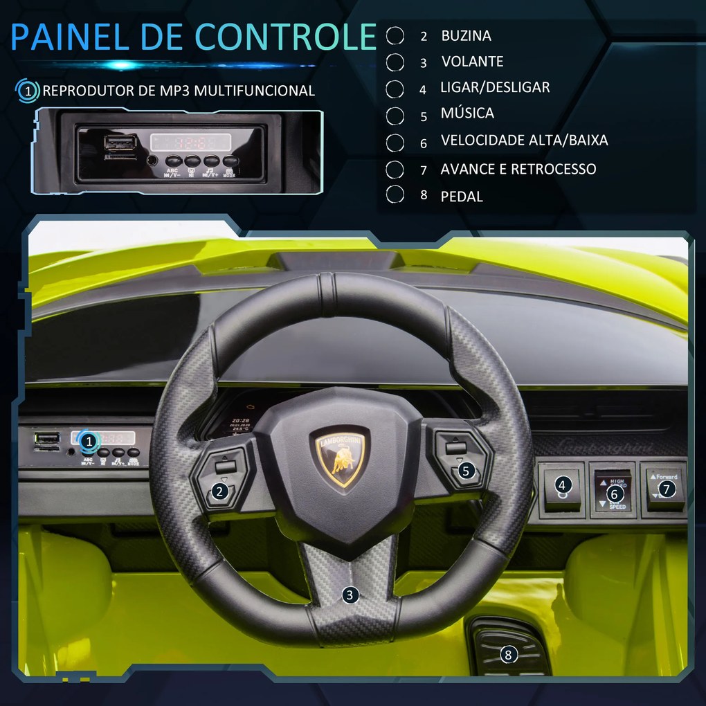 Carro Elétrico Lamborghini SIAN 12V para Crianças de 3-8 anos com Controle Remoto Abertura da Porta Música MP3 USB e Faróis 108x62x40cm Verde