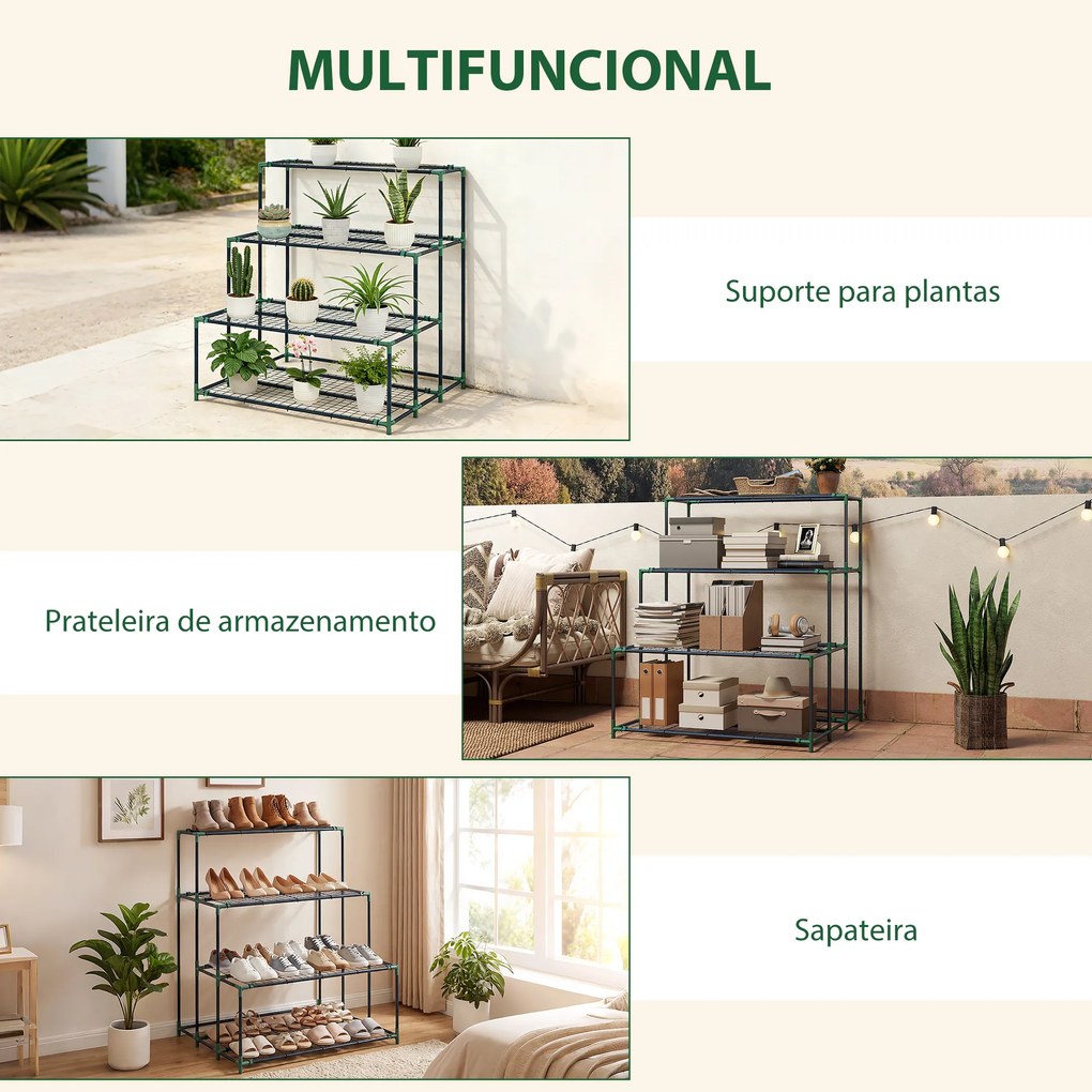 Suporte para Plantas de 4 Níveis com Estilo em Escada e Estrutura Metálica Resistente para Interior e Exterior Verde