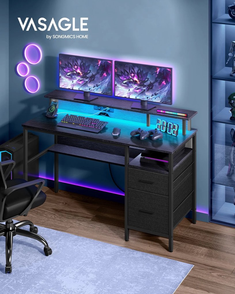 Secretária com gavetas e suporte para monitor em ébano preto
