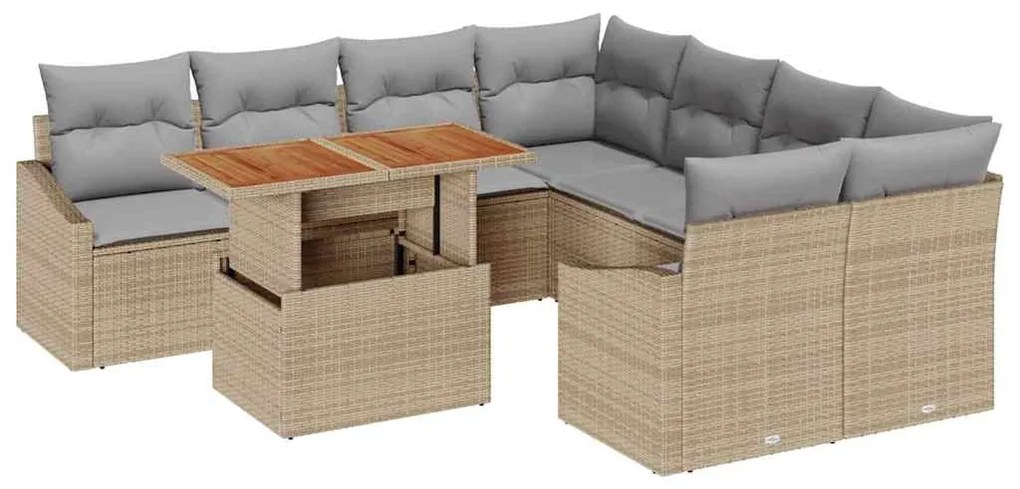 Conjunto de Jantar de Jardim com 9 peças e almofadas de rattan poliést