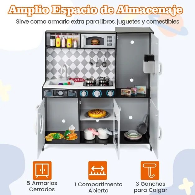 Cozinha de brincar em madeira 91 x 30 x 102 cm com máquina de gelo, fogão, máquina de lavar, forno, micro-ondas, sons e luzes reais para crianças com
