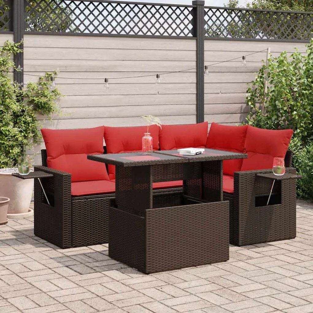 5 pcs conjunto sofás de jardim c/ almofadões acácia e vime PE