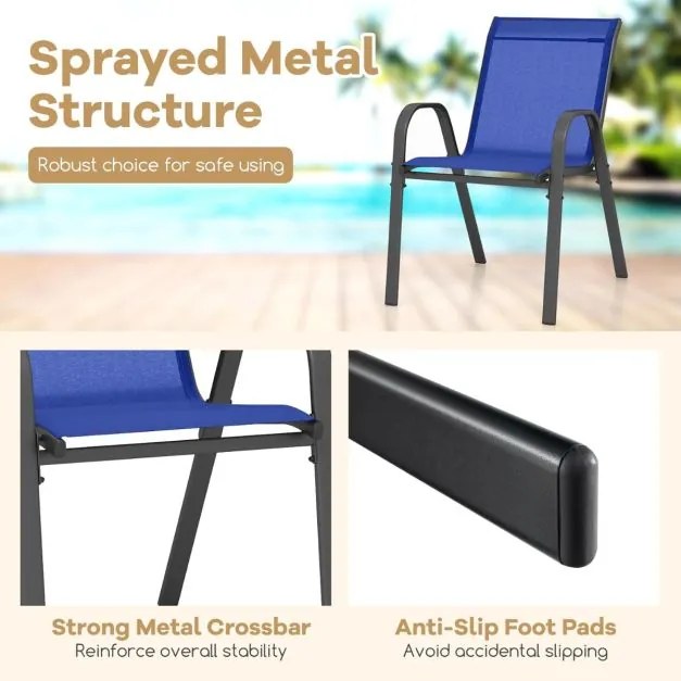 Conjunto de 4 cadeiras de jantar de jardim empilháveis Estrutura resistente ao tecido respirável Pátio exterior Praia 55 x 67 x 83 cm Azul