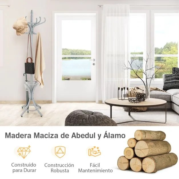 Cabide de madeira de 184 cm com suporte 12 cabides para pendurar roupa e chapéu para o quarto, hall de entrada, cinzento