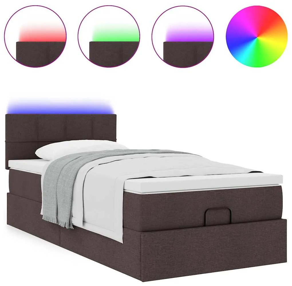 Cama otomana com colchão & LEDs 90x200cm tecido castanho escuro