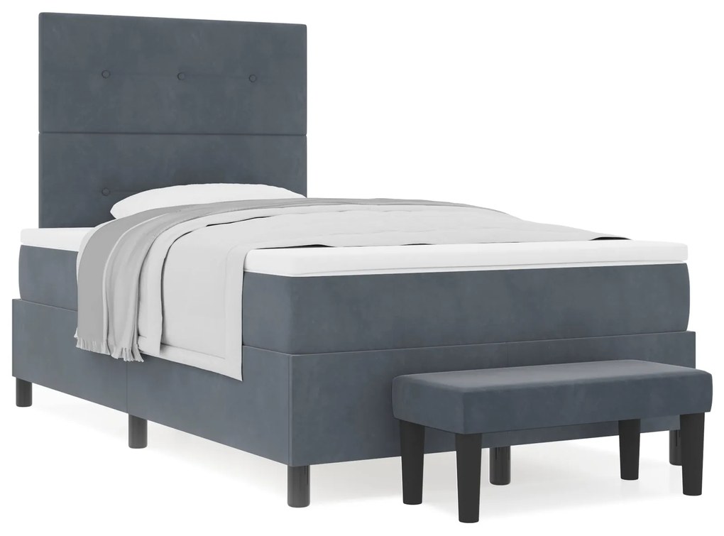 Cama Box Spring com Colchão e Banco Cinza Escuro 120x200 cm Veludo