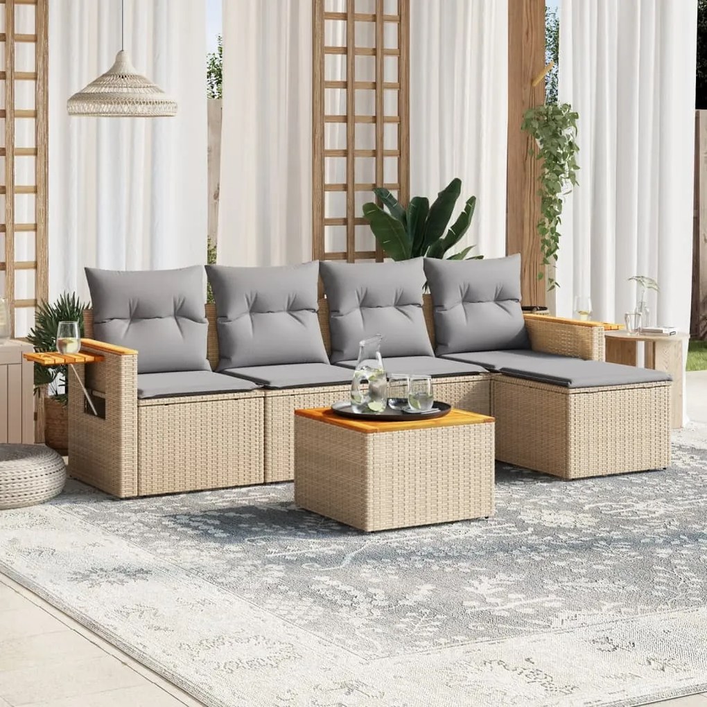 6 pcs conjunto de sofás p/ jardim com almofadões vime PE bege