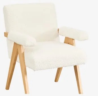 Poltrona Com Apoios De Braços Em Madeira E Tecido Bouclé Lucca Caracóis Blanco - Sklum