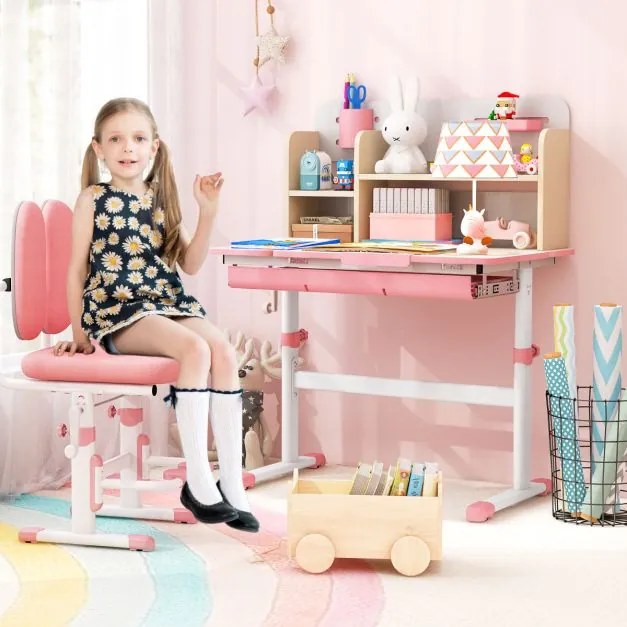 Secretária Infantil 80 x 51 x 88-110,5 cm com Altura Ajustável, Inclinável Gaveta Bandeja Estantes para Casa Escola Rosa