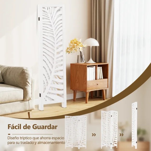 Biombo dobrável de 3 painéis 121 x 170 cm para quarto em madeira de paulownia, tela de privacidade com padrões requintados branco