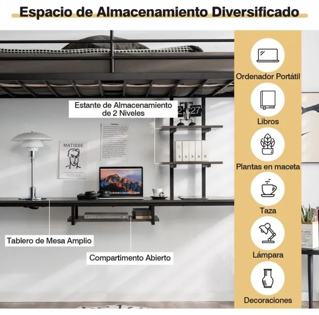 Cama alta infantil com secretária, 2 escadas laterais e 2 estantes Preta