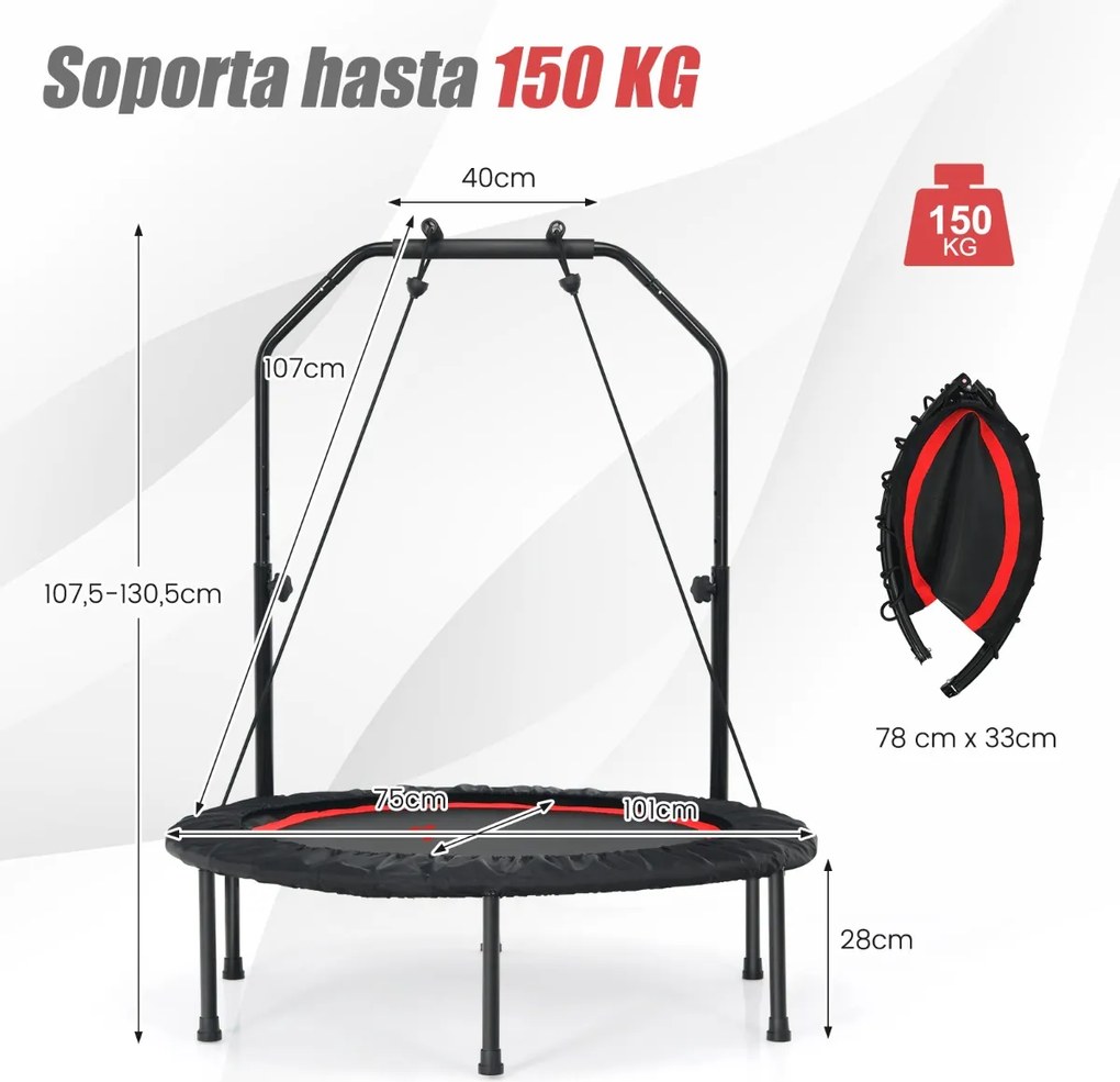 Trampolim dobrável com 2 faixas de resistência com punho ajustável para crianças e adultos 101 x 101 x 107,5 - 130,5 cm Vermelho