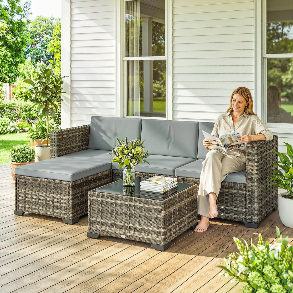 Conjunto de Jardim em Vime de 5 Peças Inclui Almofadas 2 Poltronas de Canto Poltrona sem Braços Apoia-Pés e Mesa de Centro Cinza Claro