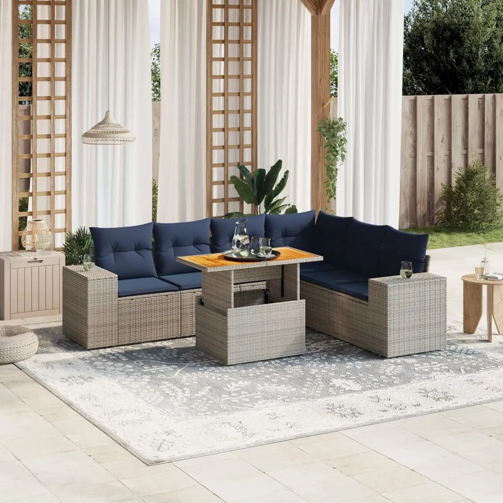 vidaXL 7 pcs conjunto sofás p/ jardim c/ almofadões vime PE cinzento