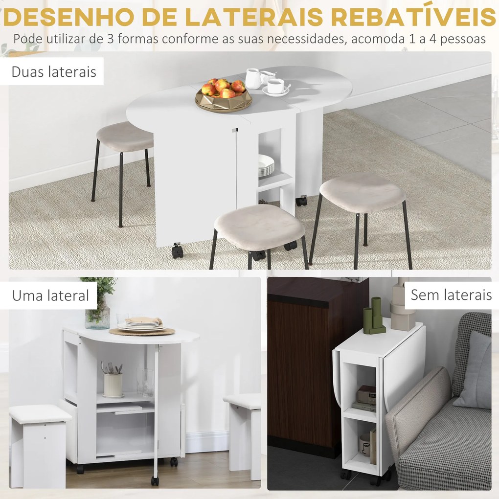 Mesa de Cozinha Dobrável com Rodas Laterais Rebatíveis e 2 Prateleiras Abertas Estilo Moderno 120x60x77 cm Branco