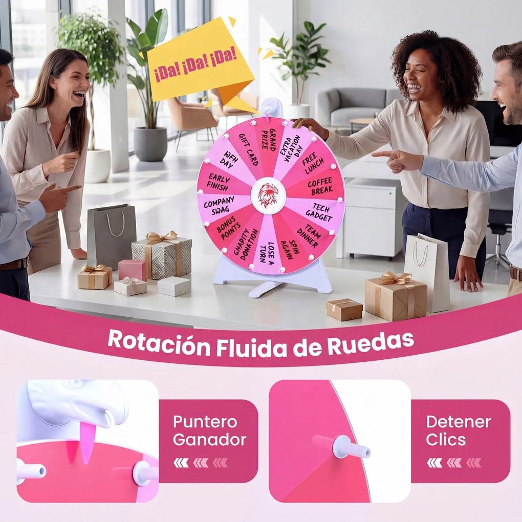 Roleta de Prémios de Mesa, 50 x 31,5 x 60,5 cm, Superfície Apagável com 14 Espaços, Rosa
