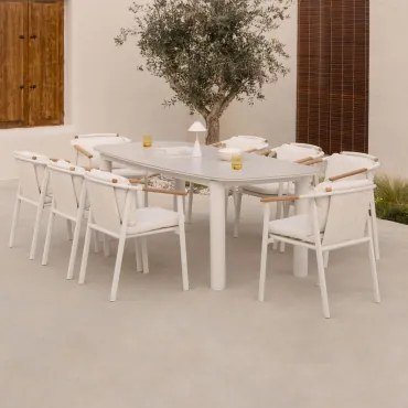 Conjunto De Mesa Retangular Extensível Em Cerâmica Zinti 220-280x100 Cm E 8 Cadeiras De Jardim Em Alumínio E Tecido Bouclé Yervi Crema - Sklum