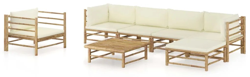 vidaXL 7 pcs conj. lounge p/ jardim em bambu c/ almofadões branco nata