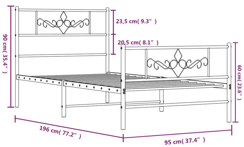 Estrutura de cama com cabeceira e pés 90x190 cm metal branco