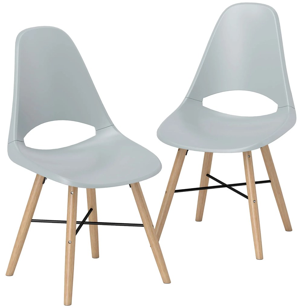 HOMCOM Conjunto de 2 Cadeiras de Jantar de Plástico Cadeiras de Cozinha Modernas com Encosto Curvado e Pés em Madeira de Borracha para Sala de Estar Quarto 47x49x84 cm Cinzento