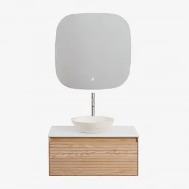 Conjunto De Móvel De Casa De Banho Suspenso Em Madeira De Freixo Tedrik Castanho Fresno & Cimento Redondo Branco Ø40 Cm Zavion & Quadrado - Sklum