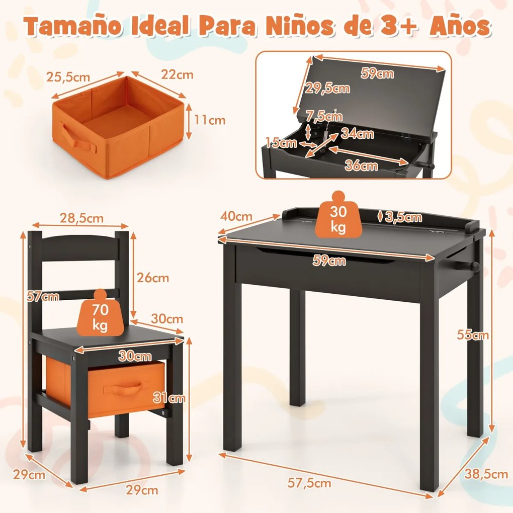 Conjunto de secretária de estudo e cadeira para crianças gaveta de arrumação Café