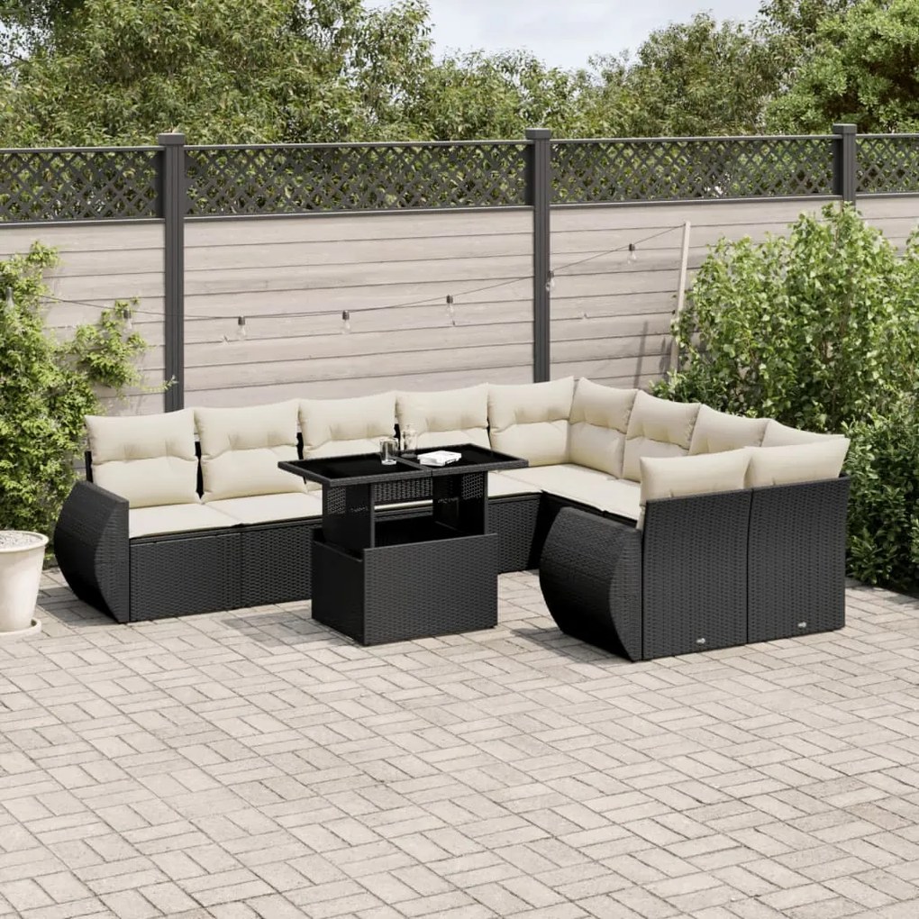 10 pcs conjunto sofás de jardim c/ almofadões vime PE preto
