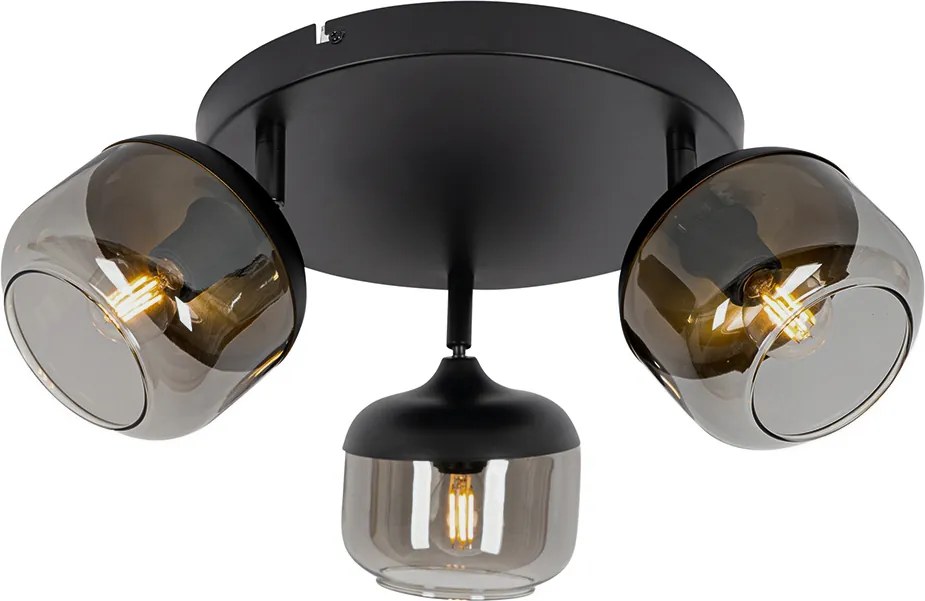 Candeeiro de teto design preto com dourado e vidro fumê 3-luzes redondo - Kyan