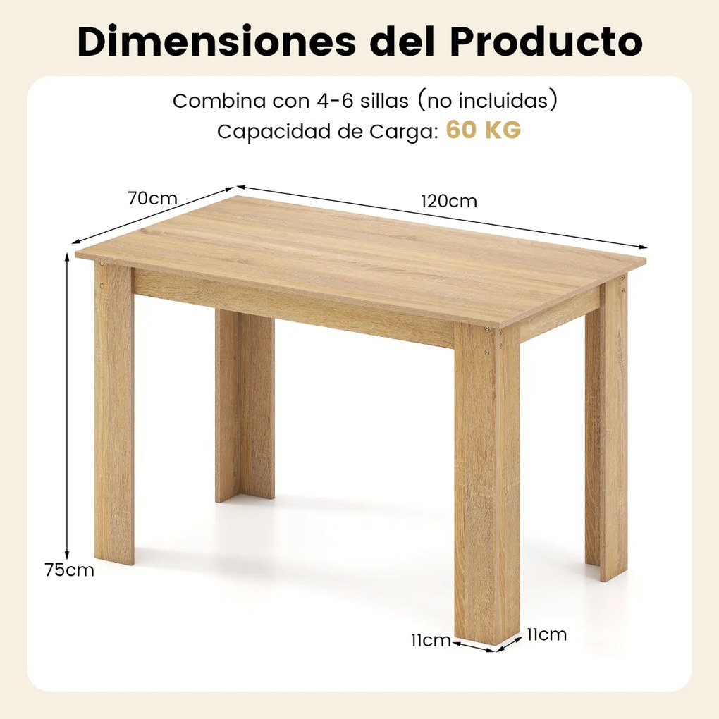 Mesa de jantar em madeira para 4-6 pessoas com pés em L para sala de jantar 120 x 70 x 75 cm 120 x 70 x 75 cm Natural