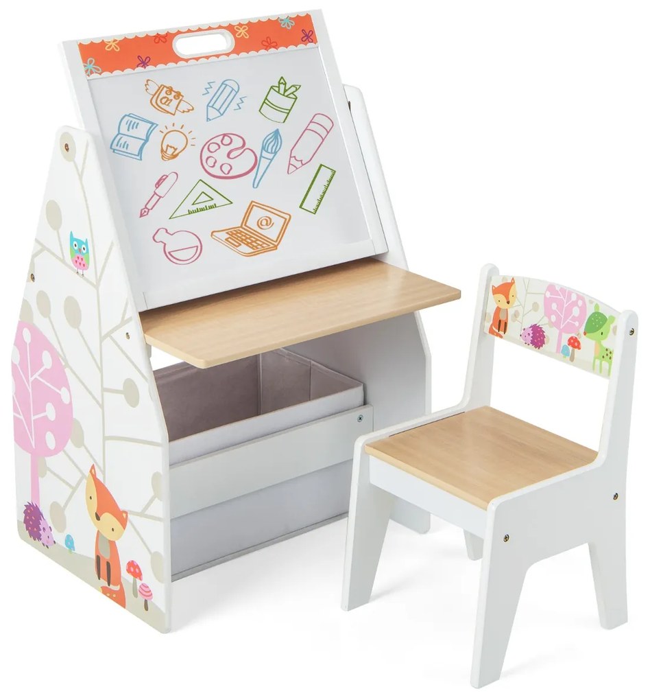 Conjunto de mesa e cadeira para crianças com 2 caixas de tecido removíveis, quadros magnéticos e quadro branco para brincar e desenhar Branco