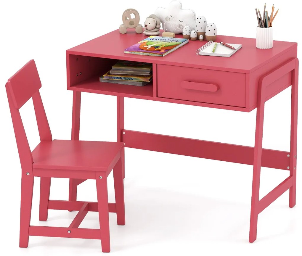 Conjunto de secretária e cadeira para crianças com gaveta e estante Rosa