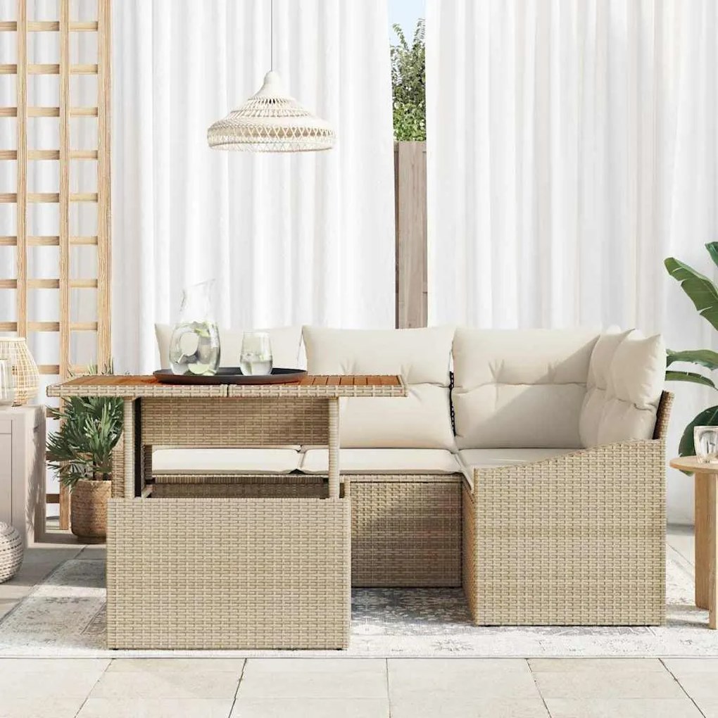 Conjunto de Jantar de Jardim de 5 Peças com Almofadas Bege em Rattan
