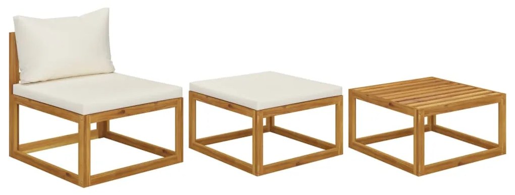 vidaXL 3 pcs conjunto lounge jardim c/ almofadões cor creme acácia