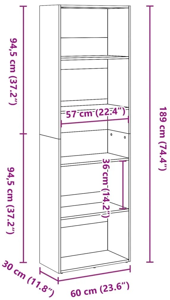 Estante 60x30x189 cm derivados de madeira cinzento sonoma