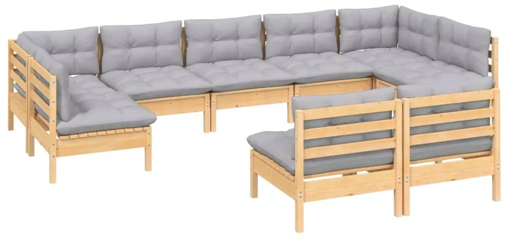 9 pcs conjunto lounge de jardim + almofadões cinza pinho maciço