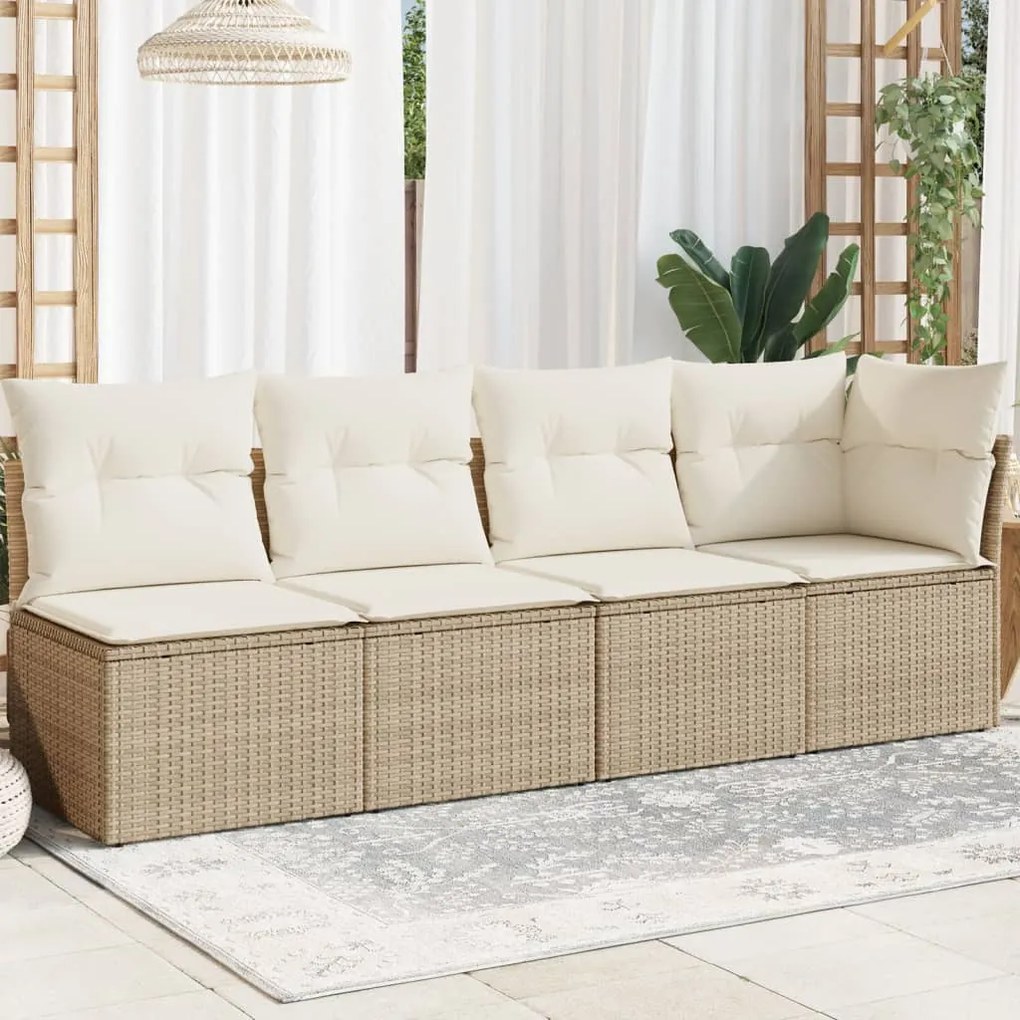 vidaXL Sofá de jardim de 4 lugares com almofadões vime PE bege