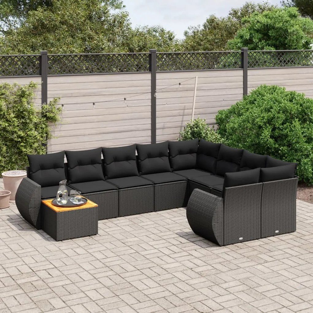 10 pcs conjunto sofás de jardim c/ almofadões vime PE preto