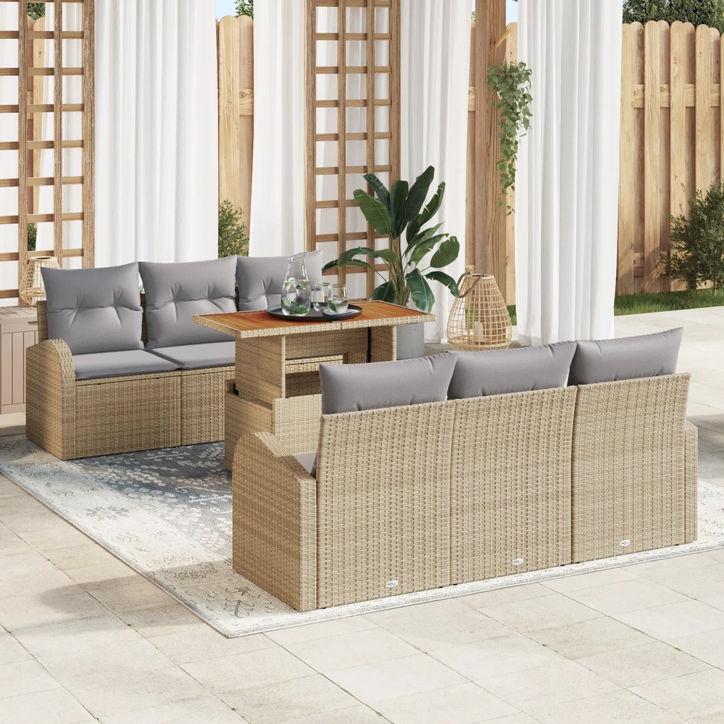 Conjunto de Sofá de Jardim de 7 Peças com Almofadas Bege Rattan Poliés