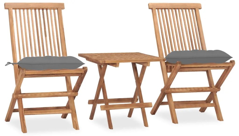 3 pcs conj. jantar dobrável exterior c/ almofadão teca maciça