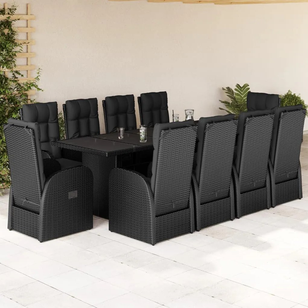 vidaXL 11 pcs conjunto de jantar p/ jardim c/ almofadões vime PE preto