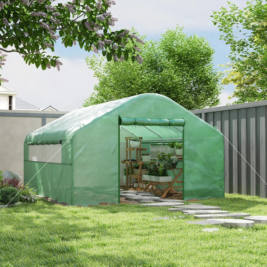 Estufa tipo Túnel 4x3x2 m Estufa de Exterior com 2 Janelas Cobertura PE Anti UV e 1 Porta de Enrolar com Fecho de Correr Estufa para Jardim Pátio Verd