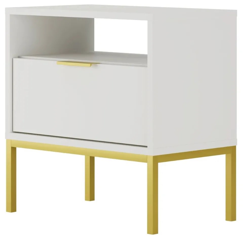 Mesa de Cabeceira "AUSTIN" - 45×55×33 cm - Branco e Dourado - Design M