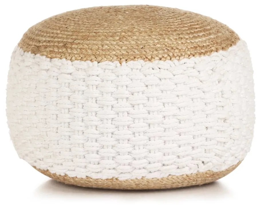 vidaXL Pufe tricotado/entrançado em algodão e juta 50x35 cm branco