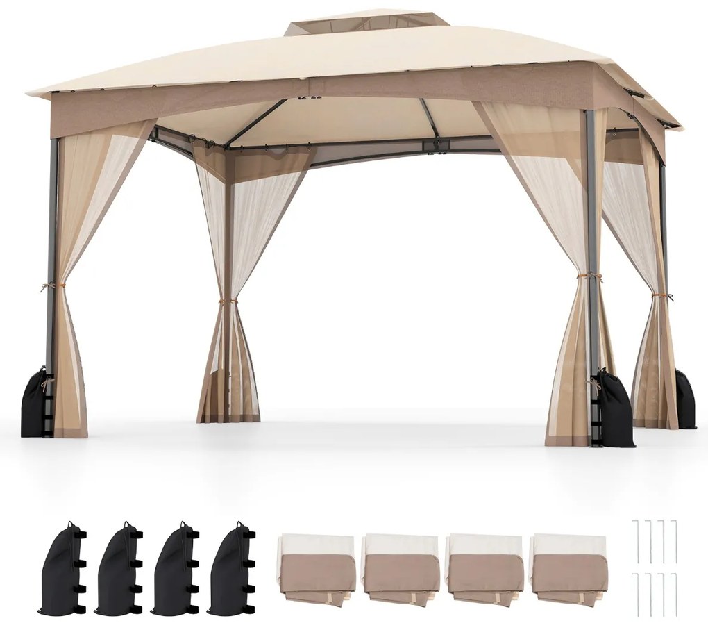 Pérgula para jardim 365x300 cm com paredes de malha com pesos areia Estrutura metálica resistente Portas com fecho Caqui