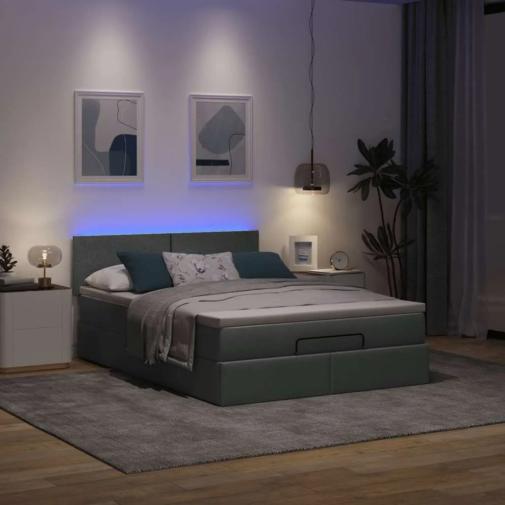 Cama otomana com colchão &amp; LEDs 140x200 cm cinzento escuro