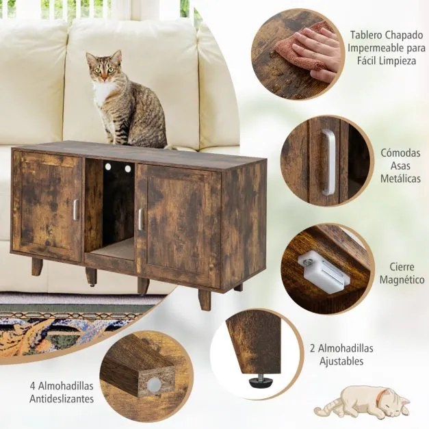 Caixa areia para gatos com tábua de raspar escondida para a casa de banho e pernas de madeira amovíveis 120 x 52 x 65 cm Castanho