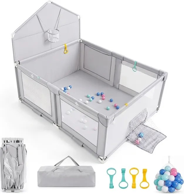 Parque Infantil Dobrável para Bebés, 223 x 150 x 163 cm, Estrutura Metálica Reforçada, Cinzento claro