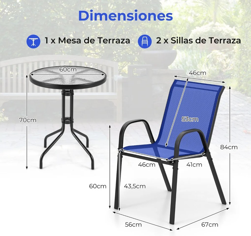 Conjunto de móveis Jardim Bistrô de 3 peças, 2 cadeiras em tecido e 1 mesa em vidro temperado azul